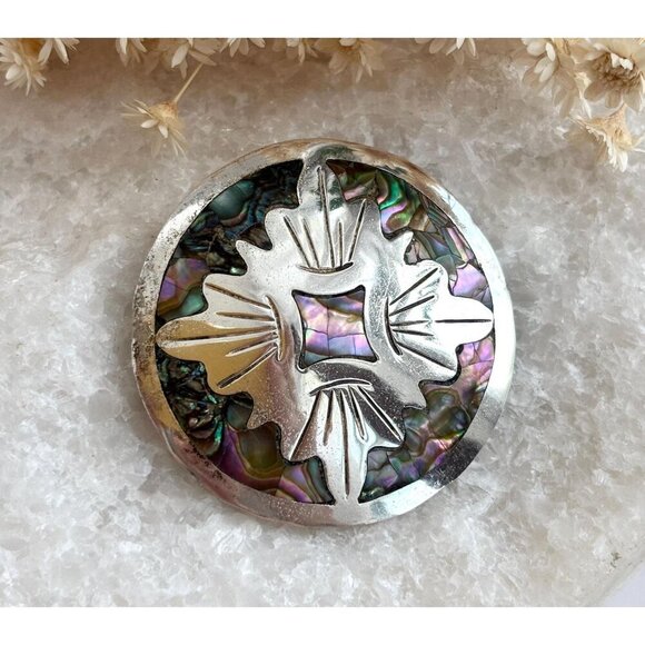 Alpaca Sterling Silver Abalone Mexican Vintage Sterling Silver Brooch Pendant - Picture 1 of 10